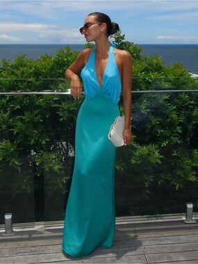 The Wolf Gang Halter Slip Dress Oahu Blue Green Size XS